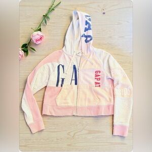 GAP Pink and Gray Retro Zip-Up Hoodie Logo Cropped. Size M.